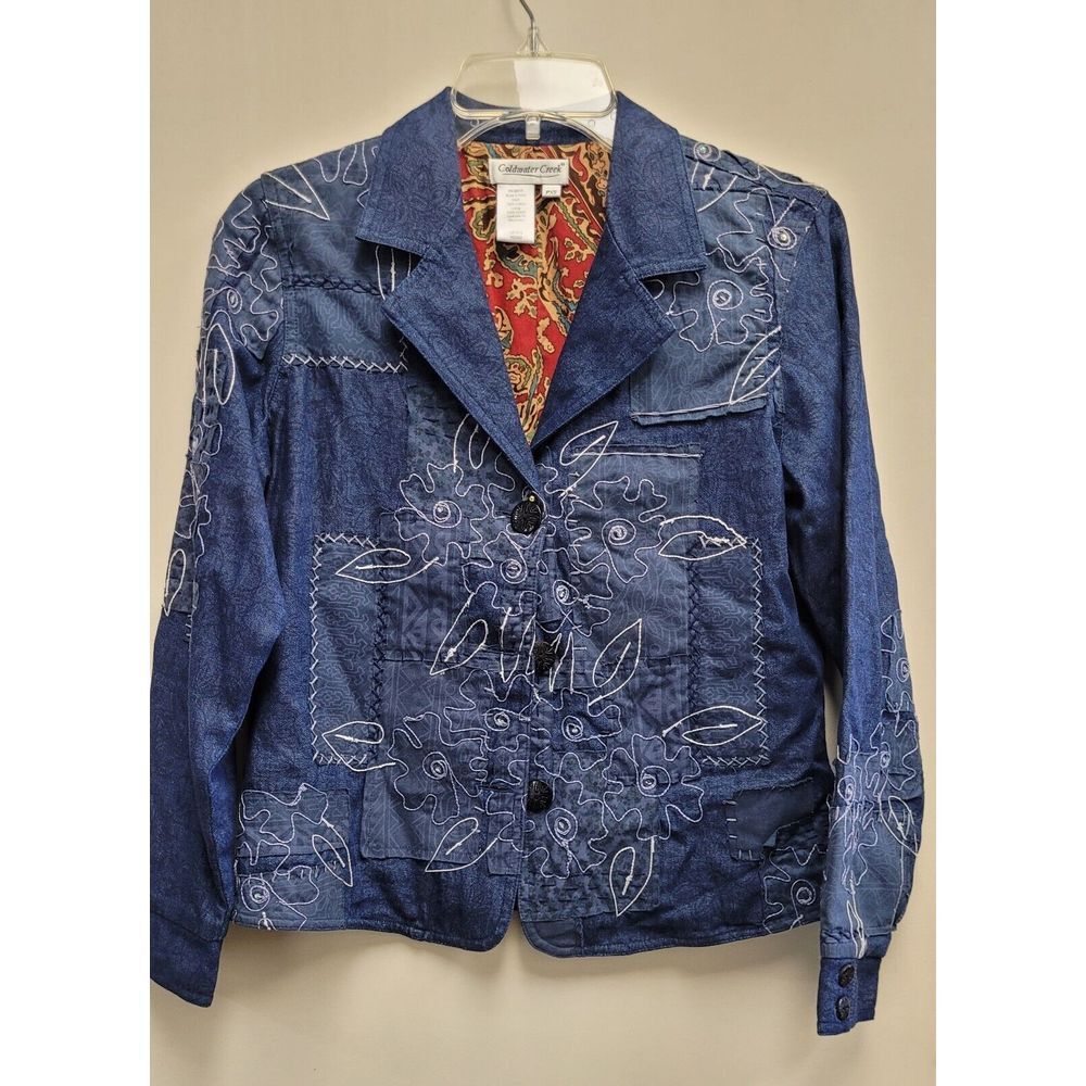 COLD WATER CREEK FLORAL EMBROIDERED PATCHWORK‎ BLUE  DENIM JACKET  PXS